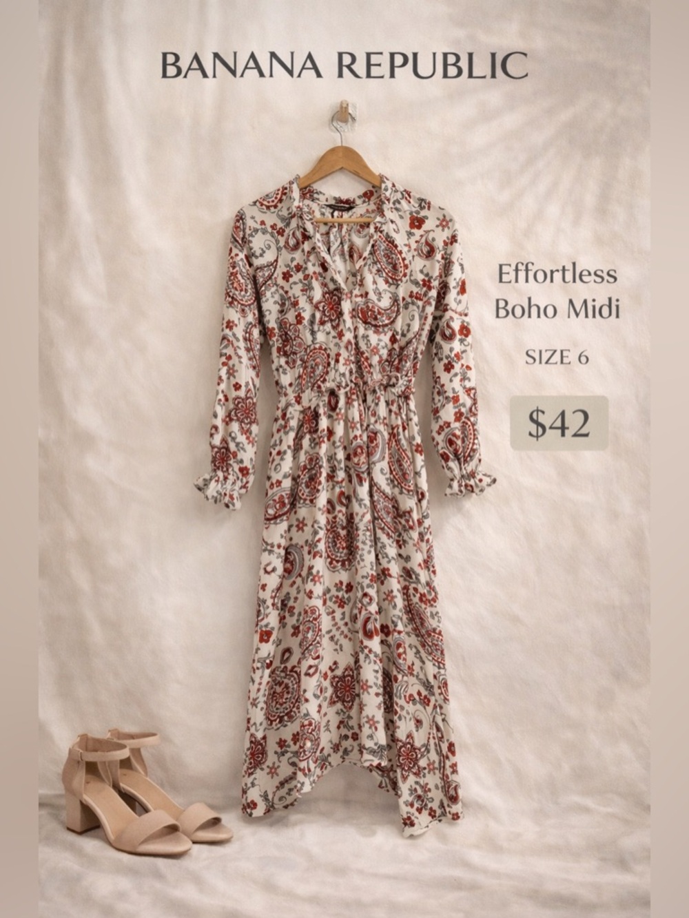 Banana Republic Paisley Midi Dress Size 6 Ivory Brown Boho Tie Neck